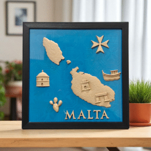 Maltese Heritage Wall Art – 3D Printed Map with Luzzu, Cross & Traditional Icons